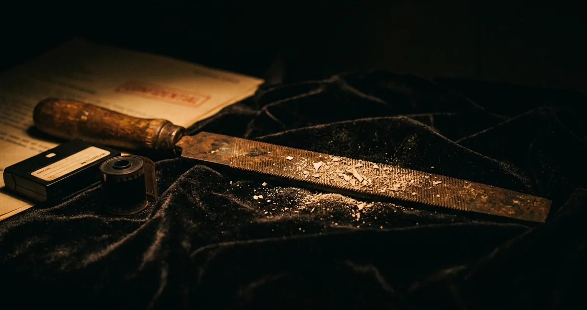 Fragmentos de cr&acirc;nio e mand&iacute;bula sobre bandeja de museu, ao lado de lupa, pincel e etiqueta manuscrita, em luz baixa.