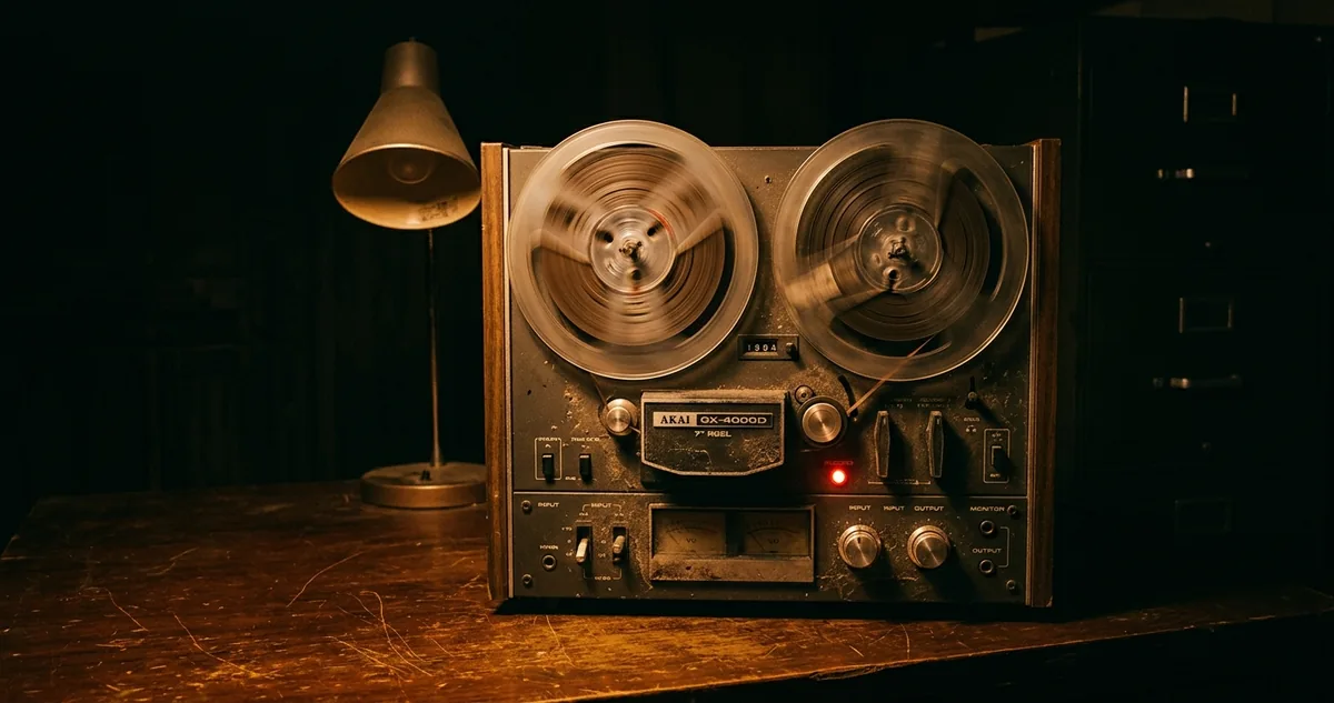 Estúdio de rádio antigo com microfone de mesa, cadeira derrubada e porta aberta, em luz baixa.