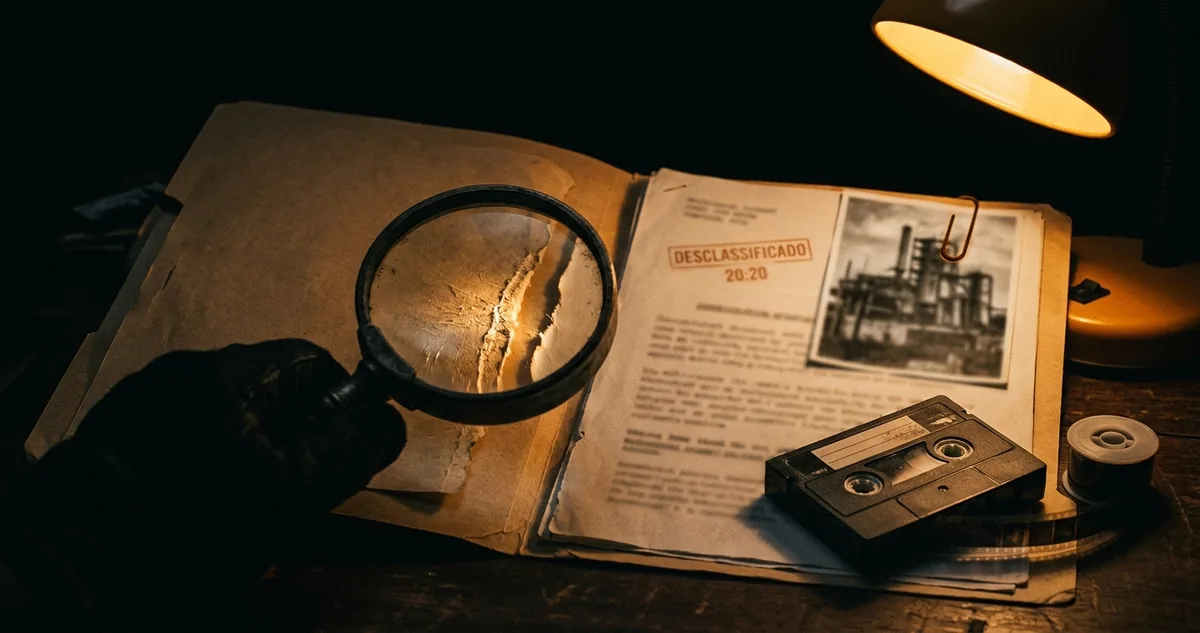 Cadernos de capa preta empilhados sobre mesa de imprensa, com microfones e luz dura de coletiva.