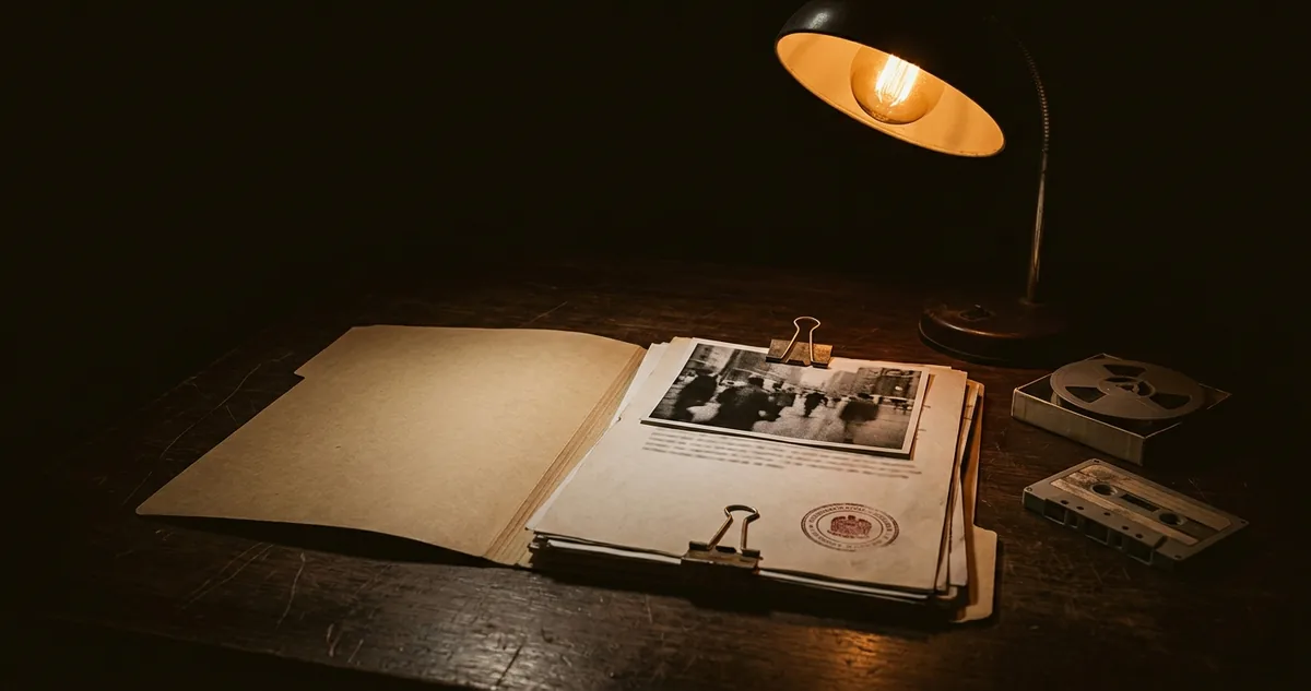 Carta manuscrita sem assinatura sobre mesa de arquivo, sob luz de abajur, ao lado de lacre e vela.