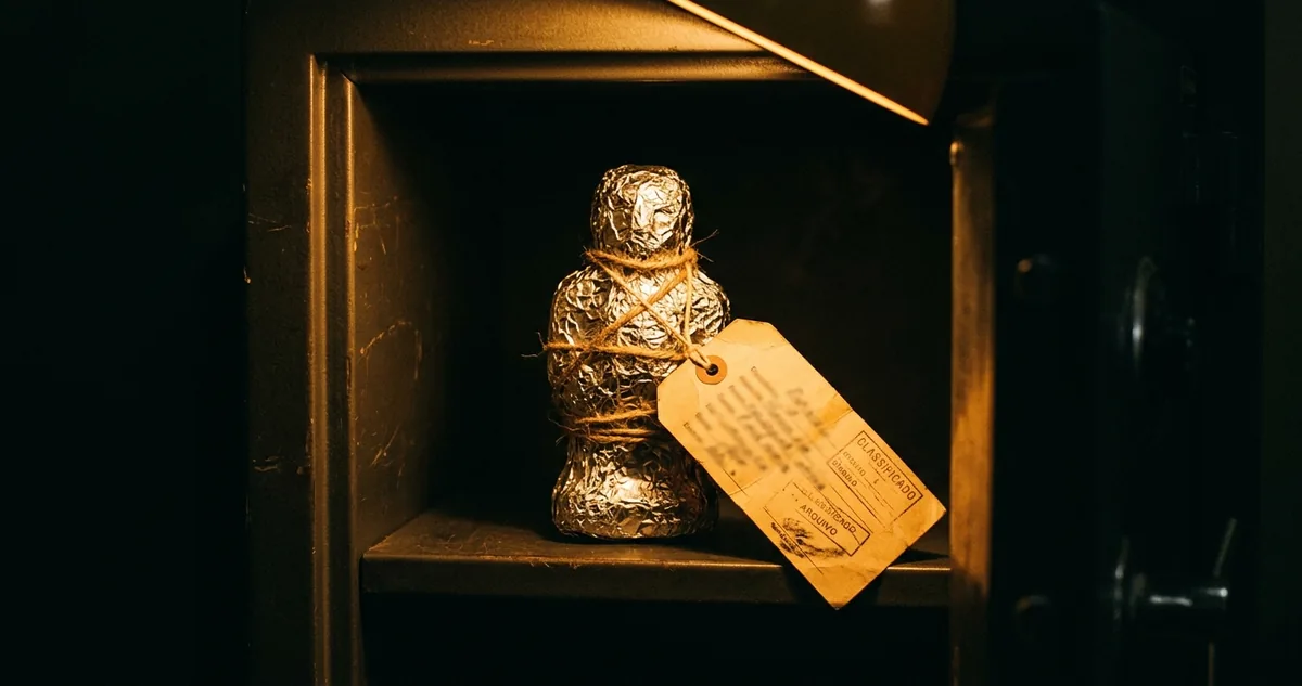 Estátua de Buda em ouro sobre mesa de madeira em quarto escuro de Baguio, 1971, com caixas empilhadas ao fundo.