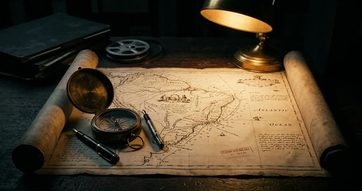 Mapa português antigo em pergaminho com a costa do Brasil desenhada à mão e uma caravela a oeste.