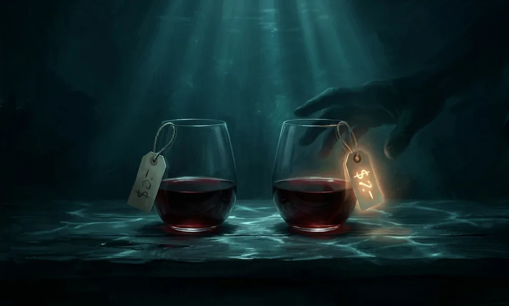 Duas taças de vinho idênticas com etiquetas de preço diferentes