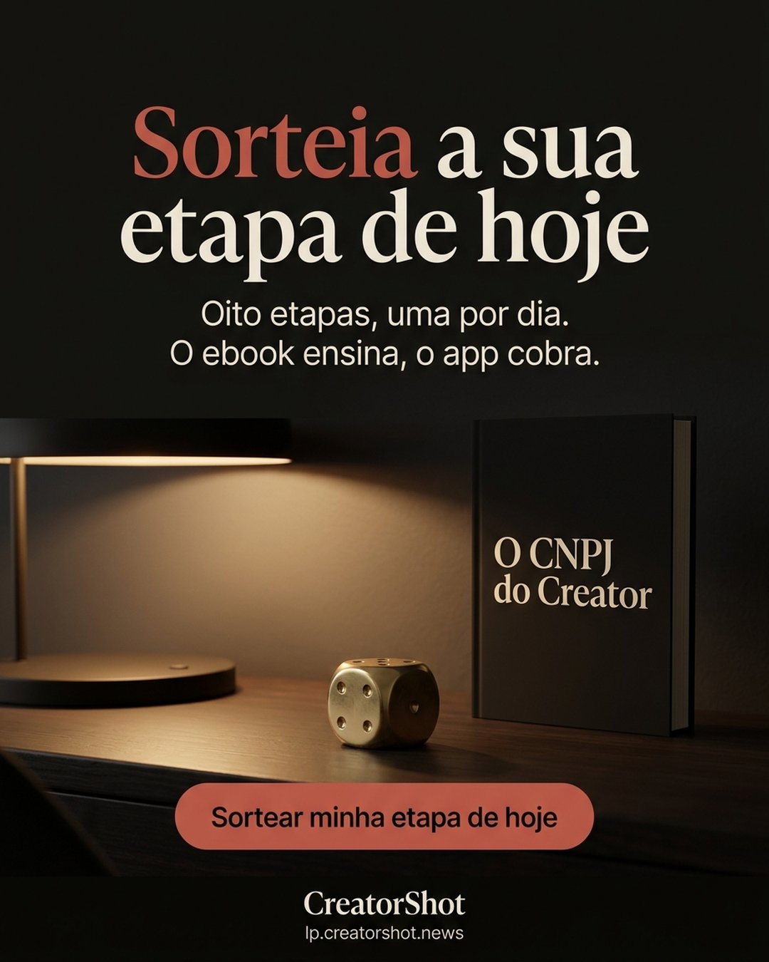Sorteia a sua etapa de hoje. Oito etapas, uma por dia. O ebook ensina, o app cobra. Sortear minha etapa de hoje.