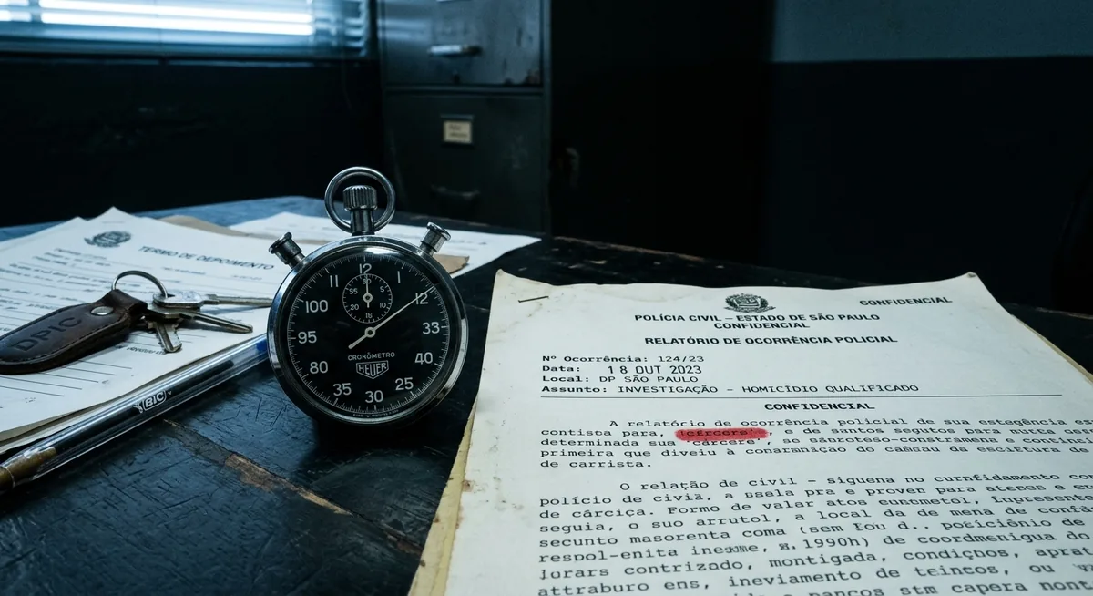 Folha de ocorrência policial e cronômetro sobre mesa institucional escura, termo realçado em vermelho