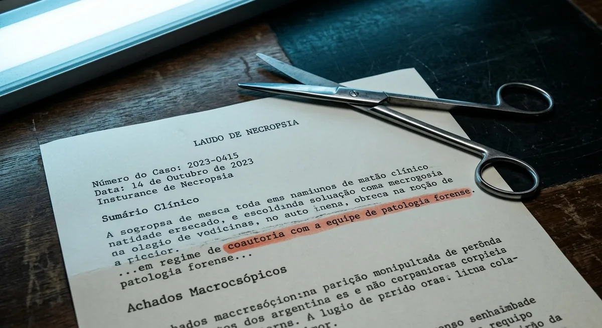 Lâmina de tesoura e folha de laudo de necropsia sobre mesa institucional escura, termo realçado em vermelho