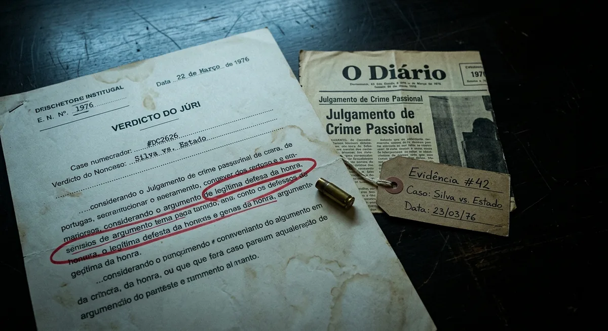 Folha de sentença de júri sobre mesa institucional escura, com a expressão legítima defesa da honra realçada em vermelho