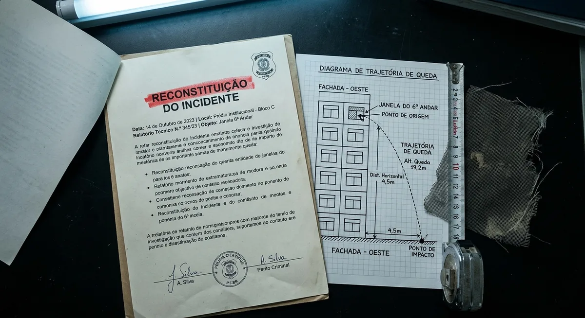 Laudo pericial e diagrama de trajetória de queda sobre mesa institucional escura, termo realçado em vermelho