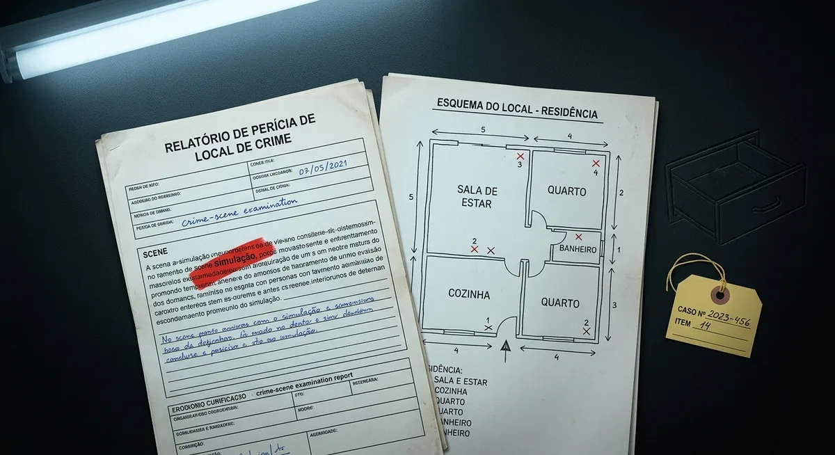 Laudo de perícia de local sobre mesa institucional escura, com a palavra simulação realçada em vermelho
