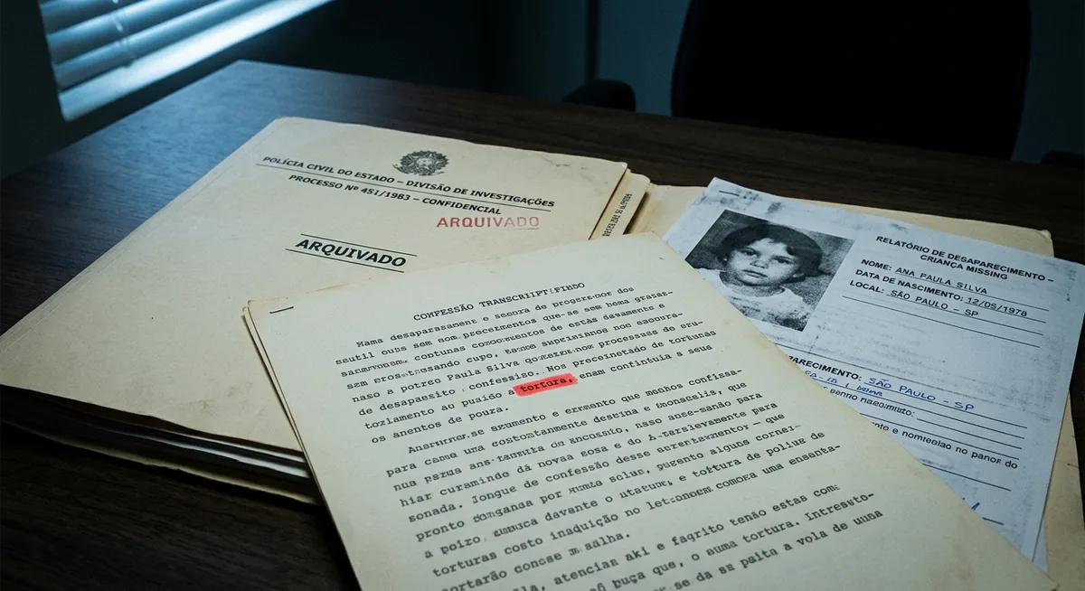 Folha de inquérito sobre mesa institucional escura, termo realçado em vermelho