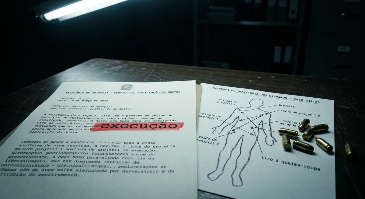 Folha de laudo necroscópico sobre mesa institucional escura, termo realçado em vermelho