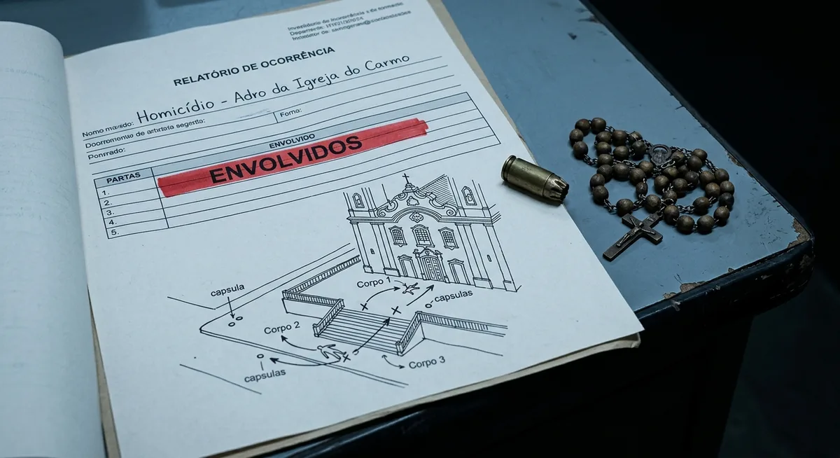 Boletim de ocorrência e mapa de posições dos corpos na calçada da Igreja da Candelária sobre mesa institucional escura, termo realçado em vermelho