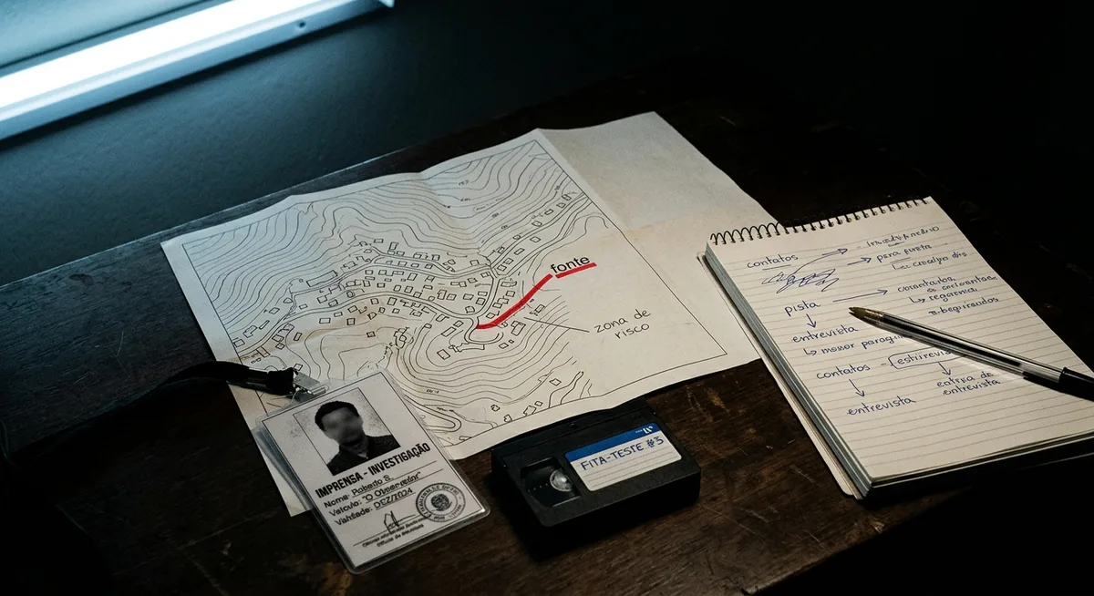Crachá de imprensa, fita de gravação e mapa de comunidade sobre mesa institucional escura, termo realçado em vermelho
