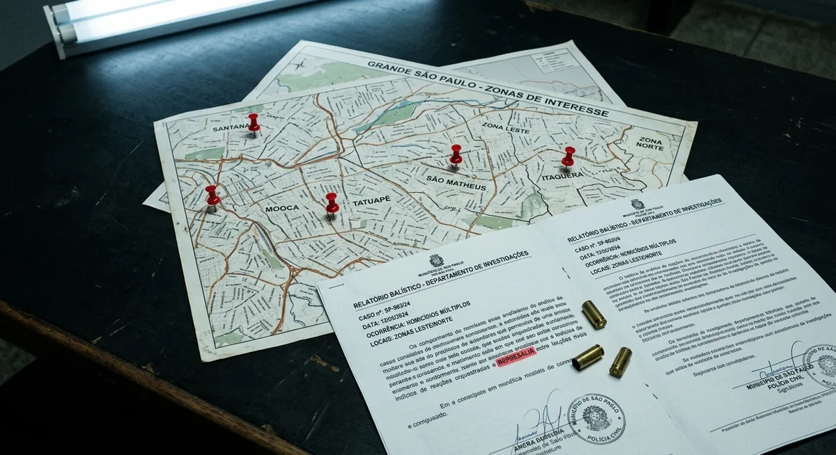 Mapa da Grande São Paulo com pontos de cenas de tiro marcados sobre mesa institucional escura, cápsulas deflagradas ao lado, a palavra represália realçada em vermelho