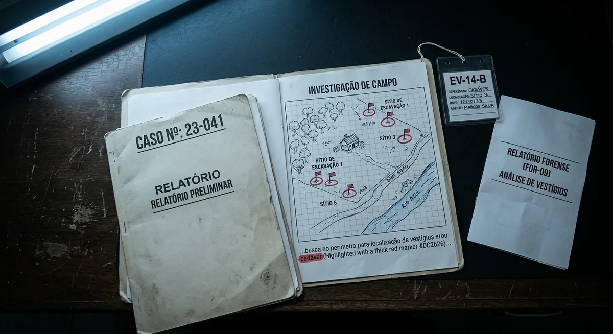 Auto de processo e mapa de busca de área rural sobre mesa institucional escura, termo realçado em vermelho