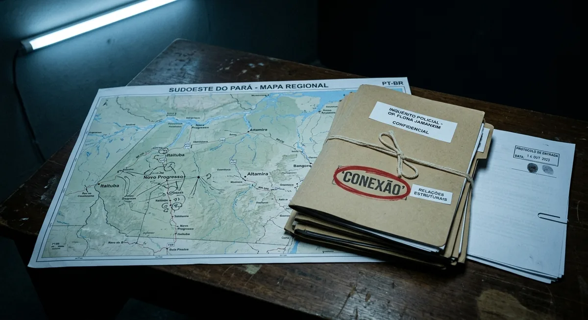 Mapa do sudoeste do Pará e capas de inquéritos empilhadas sobre mesa institucional escura, com a palavra conexão realçada em vermelho cirúrgico