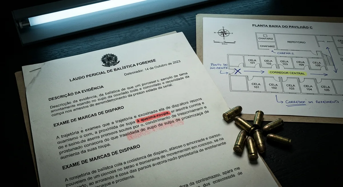 Laudo pericial e planta de pavilhão carcerário sobre mesa institucional escura, termo realçado em vermelho