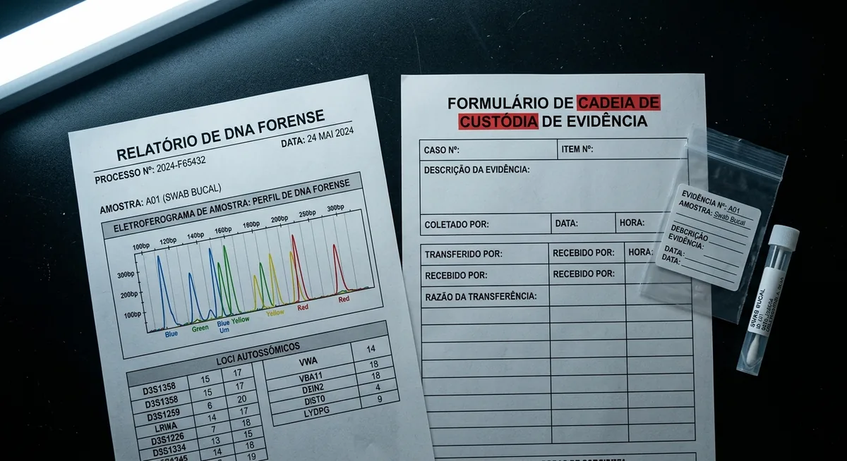 Laudo de exame de DNA e formulário de cadeia de custódia em branco sobre mesa institucional escura, com a expressão cadeia de custódia realçada em vermelho