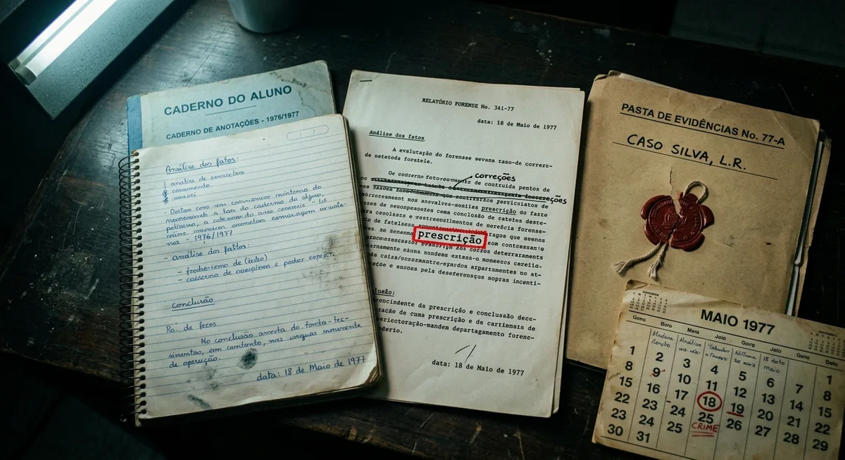Um caderno escolar e um laudo pericial rasurado sobre mesa institucional escura, com a palavra prescrição realçada em vermelho