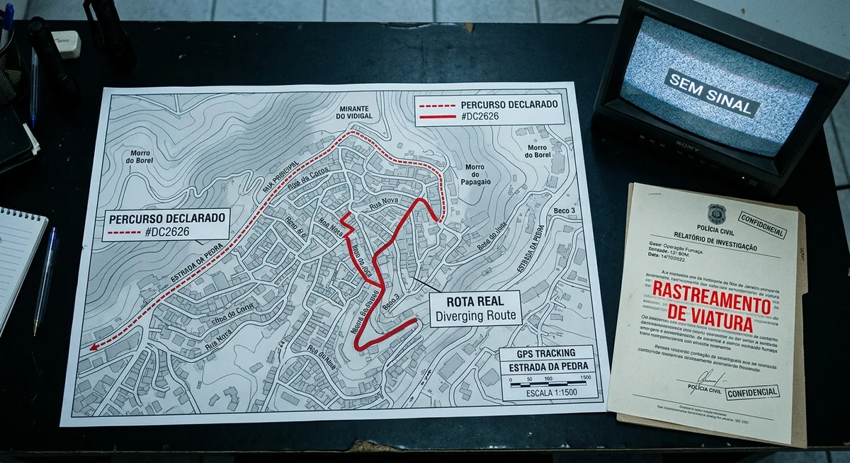Mapa de rastreamento GPS impresso sobre mesa institucional escura, com o trajeto de uma viatura marcado em vermelho e um monitor de câmera sem sinal ao lado