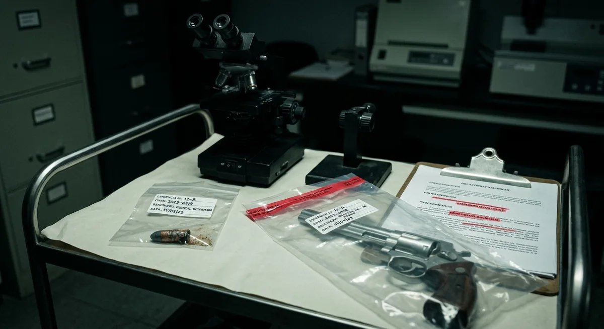 Bancada de perícia balística com um projétil deformado dentro de um saco de evidência etiquetado ao lado de um revólver apreendido lacrado e a expressão confronto balístico realçada em vermelho