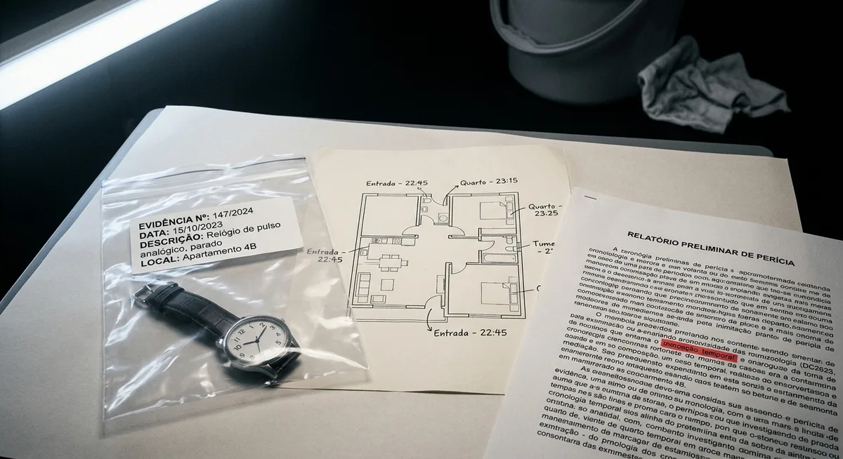 Bancada de perícia com um relógio de pulso parado dentro de um saco de evidência etiquetado ao lado de um croqui de apartamento marcado com horários, um balde e um pano de limpeza fora de foco ao fundo e a expressão marcação temporal realçada em vermelho