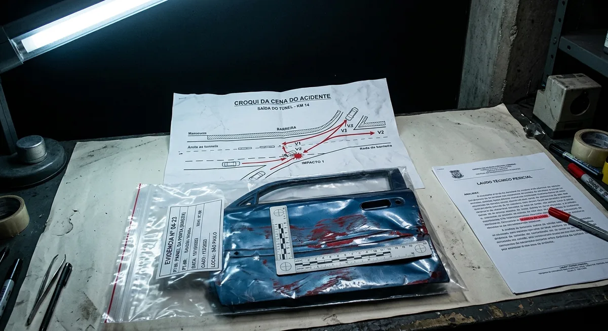 Bancada de perícia com um croqui de saída de túnel marcado com setas de trajetória, ao lado da lataria amassada de um carro em saco de evidência etiquetado, uma régua metálica sobre marcas de tinta trocada na porta e a expressão dinâmica da colisão realçada em vermelho