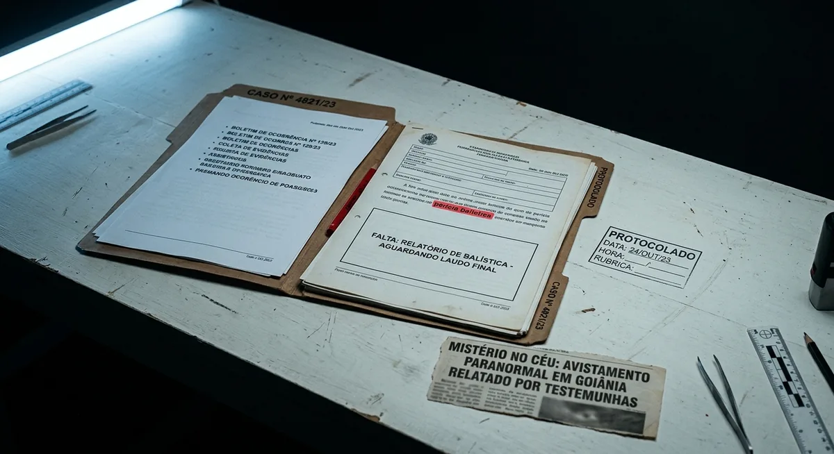 Bancada de perícia com uma pasta de processo aberta e uma lacuna vazia etiquetada onde deveria estar um laudo balístico, ao lado de um carimbo de protocolo incompleto e a expressão perícia balística realçada em vermelho