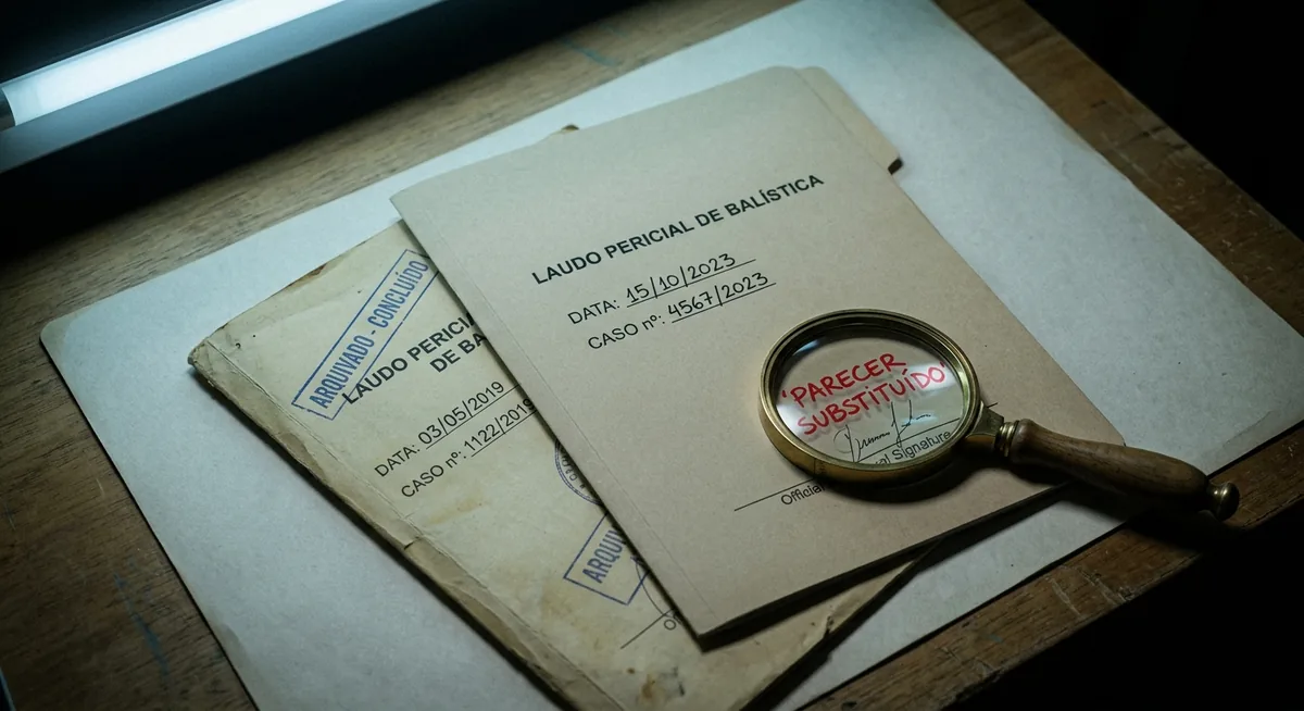 Bancada de perícia com dois laudos balísticos sobrepostos, um carimbado e arquivado, o outro por cima com data mais recente, uma lupa apoiada sobre a assinatura trocada e a expressão parecer substituído realçada em vermelho
