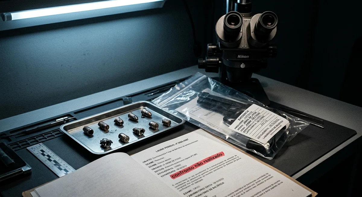 Bancada de perícia balística com projéteis deformados dispostos numa bandeja de metal ao lado de uma pistola apreendida sob lacre, um microscópio de comparação vazio ao fundo, a expressão confronto não realizado realçada em vermelho