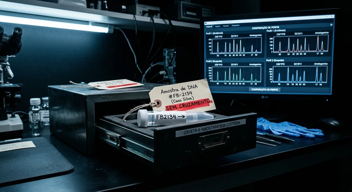 Bancada de laboratório de perícia genética com um tubo de amostra de DNA lacrado e etiquetado guardado numa gaveta metálica entreaberta, ao lado um monitor exibindo dois perfis genéticos alinhados num confronto, a expressão sem cruzamento realçada em vermelho