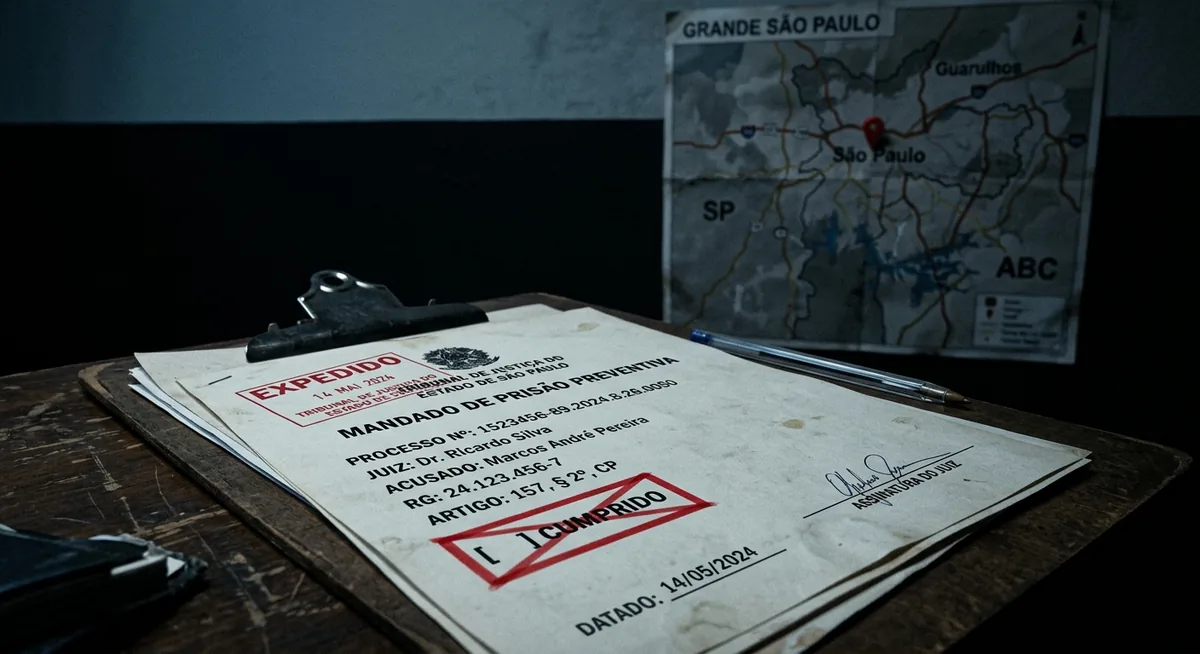 Documento judicial de mandado de prisão sobre uma mesa de delegacia à meia-luz, com um carimbo de expedido no alto e o campo de cumprido em branco realçado em vermelho, ao fundo um mapa desfocado da Grande São Paulo com um alfinete marcando a região onde o foragido permaneceu por anos