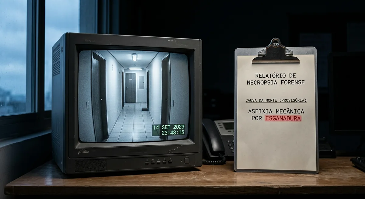 Monitor de circuito interno de condomínio à meia-luz exibindo um corredor residencial vazio com timestamp no canto, ao lado uma prancheta de laudo de necropsia com um campo de esganadura realçado em vermelho, ao fundo a silhueta desfocada de uma janela alta de quarto andar contra luz azul-fria, sem pessoas