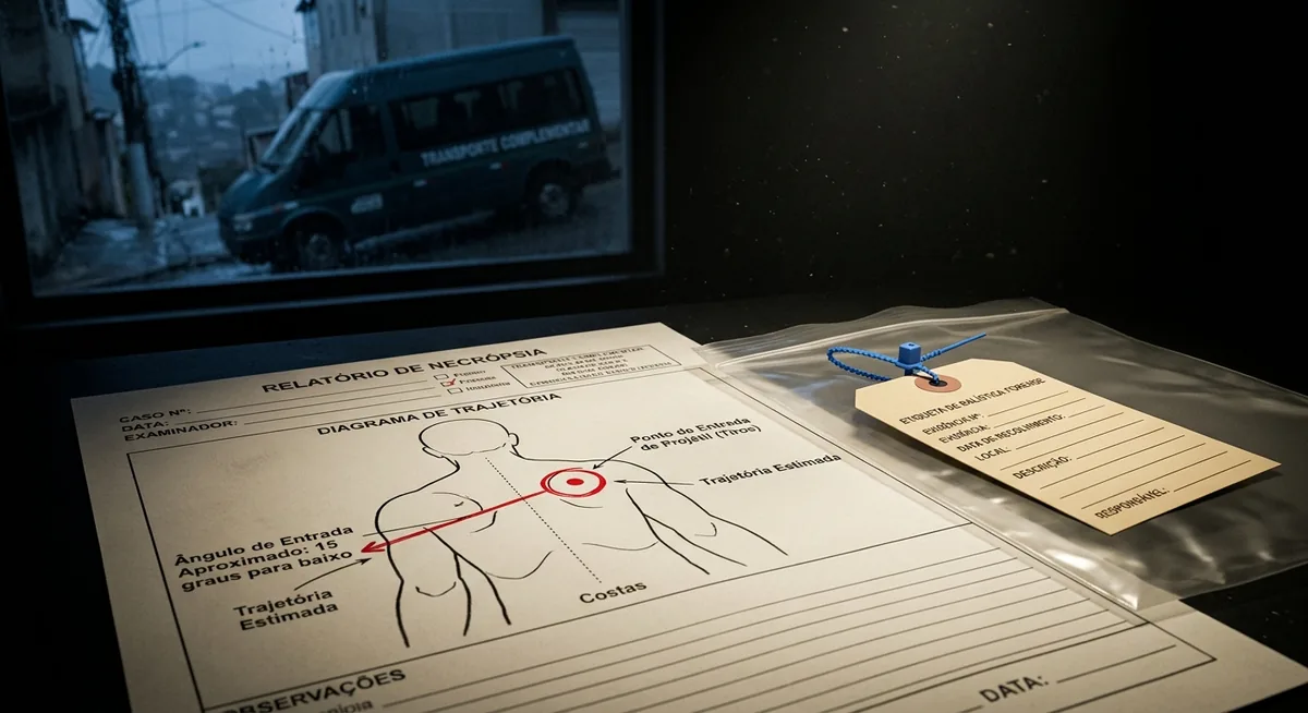 Laudo de necropsia à meia-luz com um diagrama de trajetória de disparo marcando entrada pelas costas em vermelho, ao lado um saco de evidência lacrado e vazio com etiqueta de perícia em branco, ao fundo a silhueta desfocada de uma van de transporte comunitário subindo uma ladeira contra luz azul-fria, sem pessoas