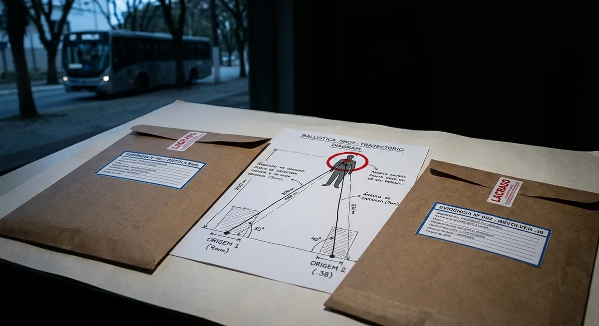 Laudo balístico à meia-luz com dois envelopes de evidência lacrados etiquetados para armas distintas, ao lado um diagrama de trajetória de disparo com duas linhas de origem cruzando o mesmo ponto em vermelho, ao fundo a silhueta desfocada de um ônibus urbano parado numa via arborizada contra luz azul-fria, sem pessoas