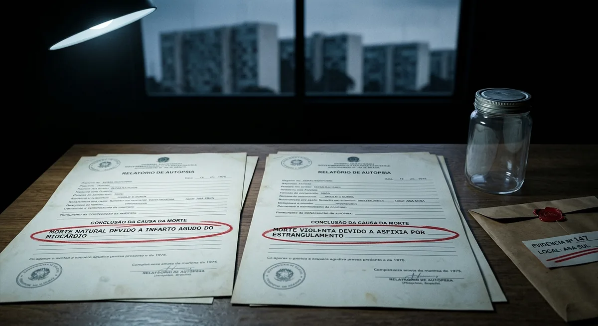 Dois laudos legistas datilografados lado a lado sobre uma mesa à meia-luz, com conclusões diferentes marcadas em vermelho, ao lado um frasco de amostra vazio e sem etiqueta e um envelope de evidência com o lacre rompido, ao fundo a silhueta desfocada de blocos residenciais modernistas de Brasília contra luz azul-fria, sem pessoas