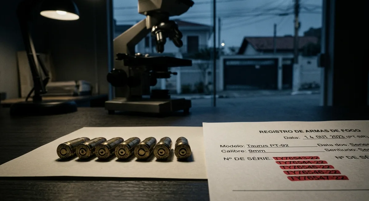 Cápsulas deflagradas de pistola alinhadas sobre uma mesa de exame à meia-luz ao lado de uma ficha datilografada de cadastro de armamento com números de série grifados em vermelho, um microscópio comparador fora de foco atrás, ao fundo a silhueta desfocada de uma rua residencial de Niterói com portão de garagem contra luz azul-fria, sem pessoas