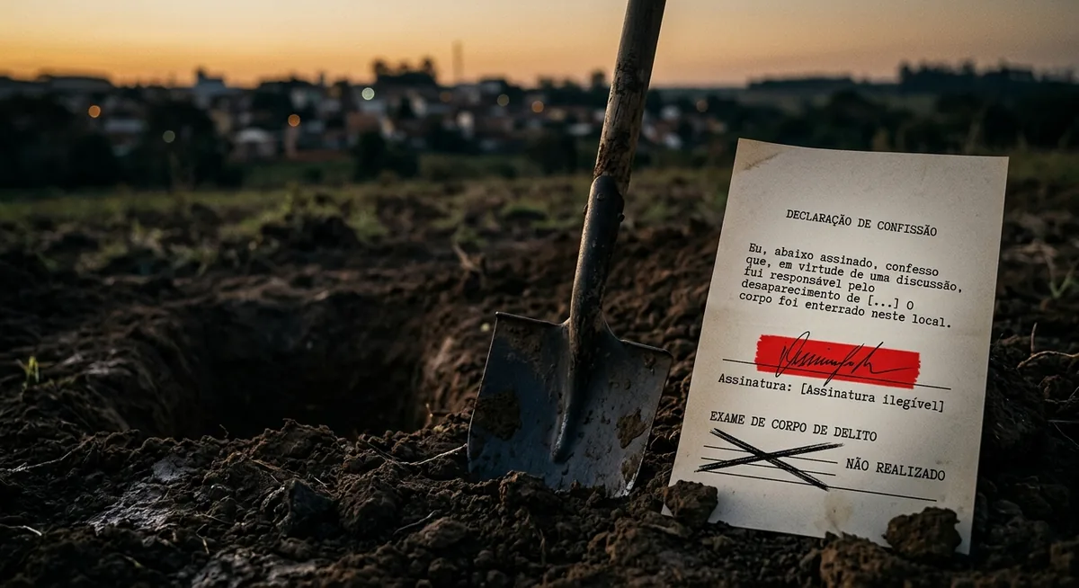 Uma pá fincada na terra revolvida de uma cova rasa e vazia ao entardecer, ao lado uma folha de confissão datilografada com assinatura trêmula grifada em vermelho e o campo de corpo de delito riscado como não realizado, ao fundo a silhueta desfocada de uma pequena cidade do interior mineiro contra luz âmbar baixa, sem pessoas