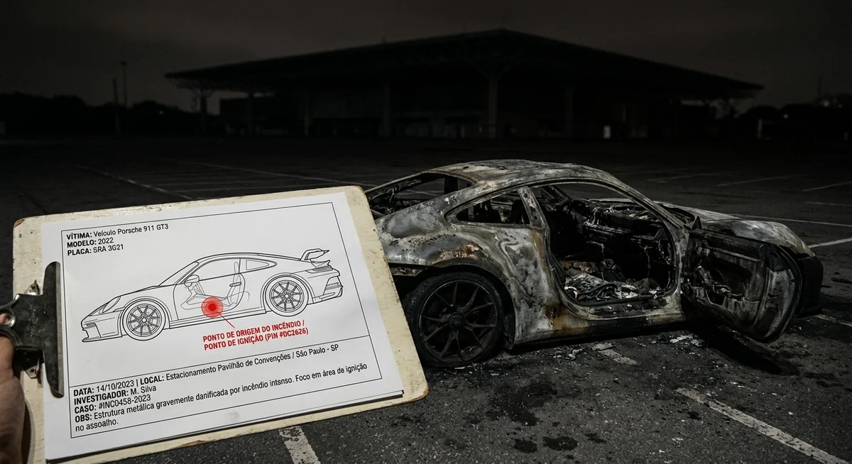 Um carro esporte carbonizado num estacionamento vazio à noite com a porta aberta, ao lado uma prancheta de perícia com o diagrama do veículo e um ponto marcado em vermelho no interior da cabine, ao fundo a silhueta de um grande pavilhão de convenções apagado, sem pessoas