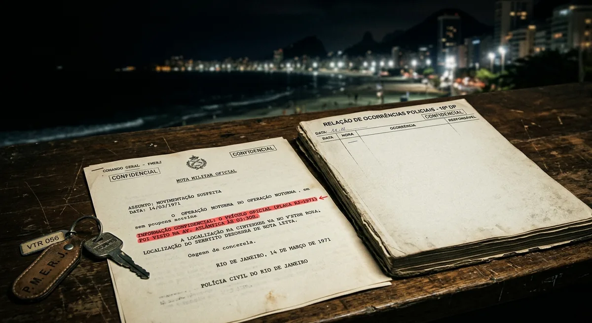 Um livro de registro de ocorrências aberto numa página em branco sobre um balcão de delegacia à noite, ao lado uma nota oficial datilografada com a linha do resgate armado grifada em vermelho e a chave de um carro oficial intacto, ao fundo a silhueta desfocada da orla da Zona Sul do Rio de Janeiro, sem pessoas