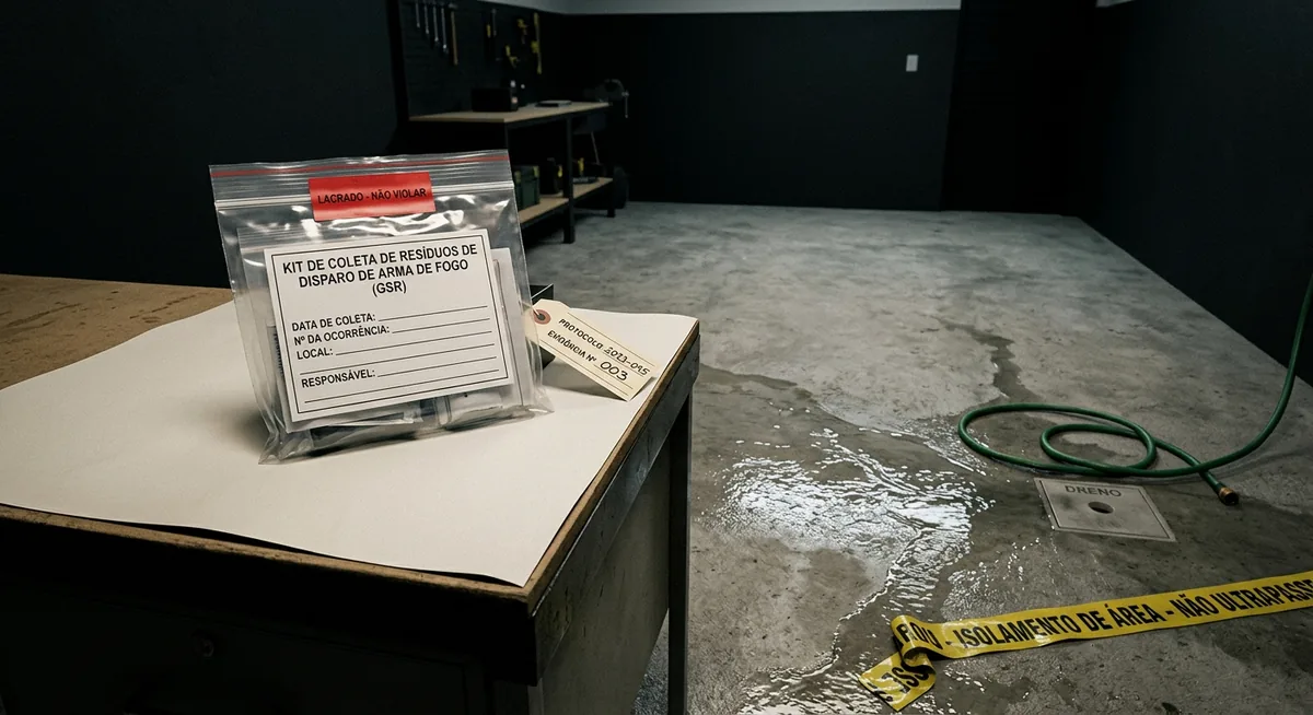 Uma garagem residencial vazia à noite com o piso de cimento ainda molhado e reluzente, uma mangueira desenrolada junto ao ralo, uma fita de isolamento policial caída fora do lugar e um kit de coleta de resíduo de disparo lacrado e nunca aberto sobre um balcão, sem pessoas