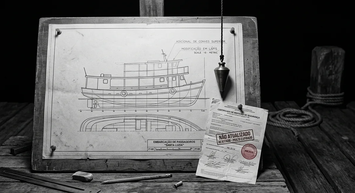 Uma prancheta sobre uma mesa de cais à noite com o desenho técnico de um barco de passeio, um convés superior acrescentado a lápis acima da linha original, um prumo de fio pendurado ao lado e um certificado de vistoria carimbado e nunca refeito, sem pessoas