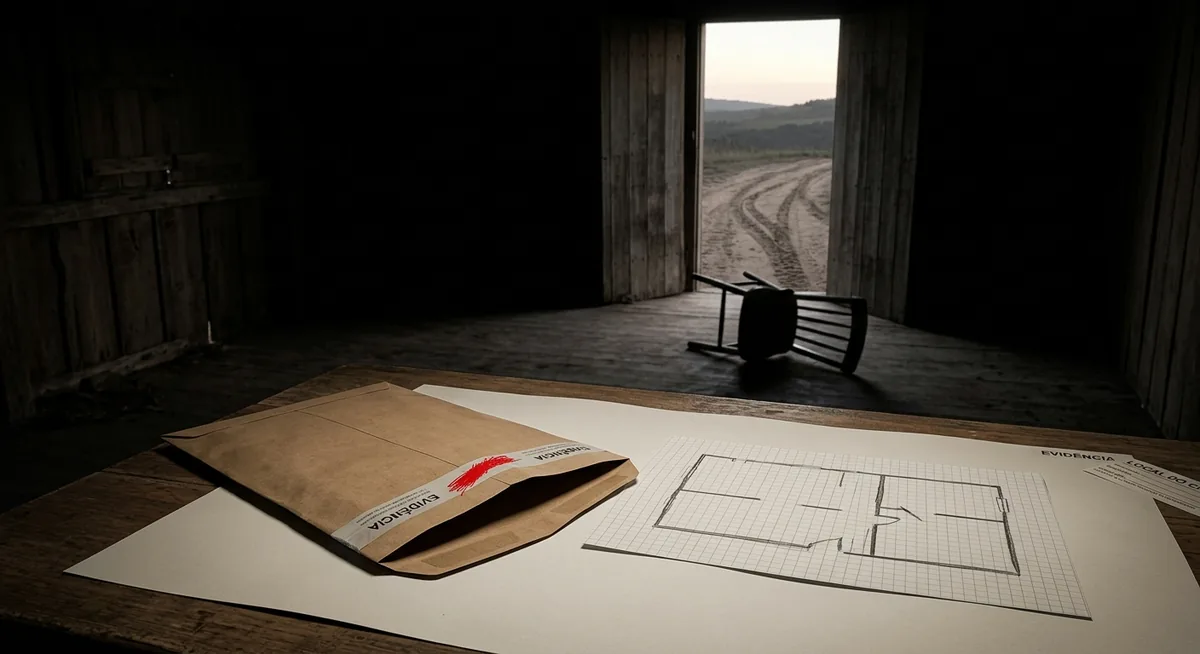 Uma casa de sítio vazia ao amanhecer com a porta aberta, uma cadeira caída, um envelope de evidência lacrado e nunca preenchido sobre a mesa, um croqui de cômodo em papel quadriculado sem nenhuma marcação e uma marca de pneu na estrada de terra ao fundo, sem pessoas