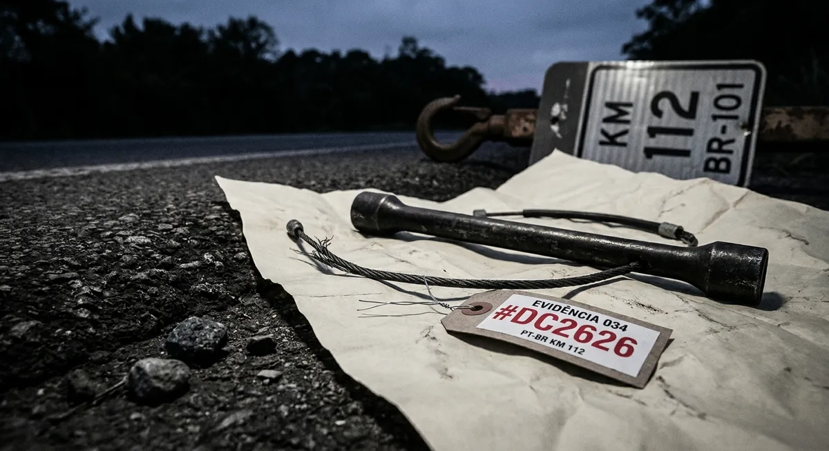 Uma chave de roda e um cabo de freio rompido sobre uma lona forense ao lado de um trecho de asfalto, com um gancho de guincho e uma placa de quilometragem de rodovia ao fundo, sem pessoas