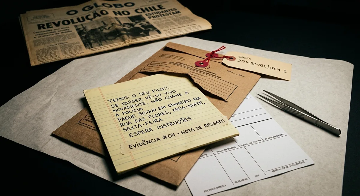 Um bilhete manuscrito sobre papel pautado dentro de um envelope de perícia aberto, ao lado de uma pinça metálica e de um cartão de impressões digitais em branco, sem pessoas
