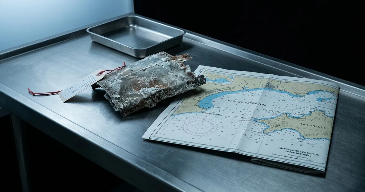 Um fragmento corroído de fuselagem de helicóptero sobre uma bancada de perícia, ao lado de uma carta náutica dobrada e de uma bandeja de evidências vazia, sem pessoas