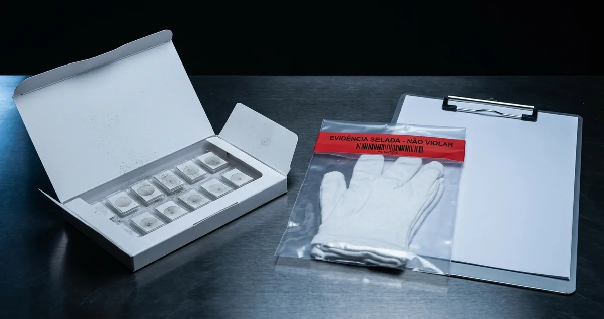 Um kit de coleta de resíduo de disparo aberto sobre uma bancada de perícia, ao lado de um par de luvas lacrado em saco de evidência e de uma prancheta de laudo em branco, sem pessoas