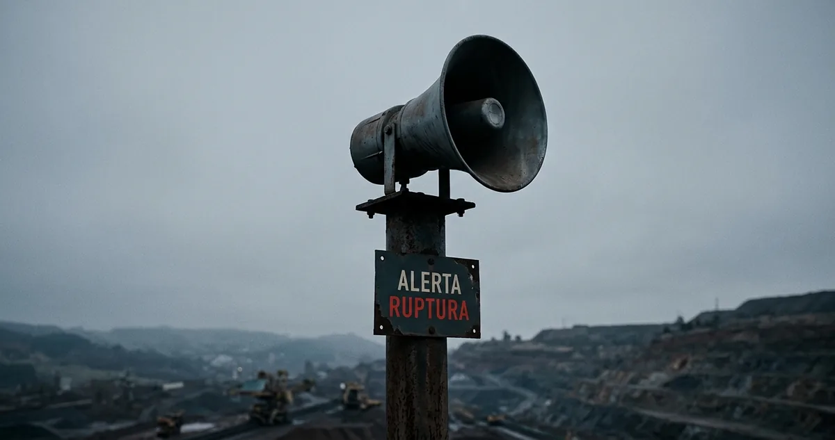 Uma sirene de alerta metálica montada no topo de um poste, silenciosa contra um céu cinza de fim de manhã, com o vale de uma cava de mineração ao fundo, sem pessoas