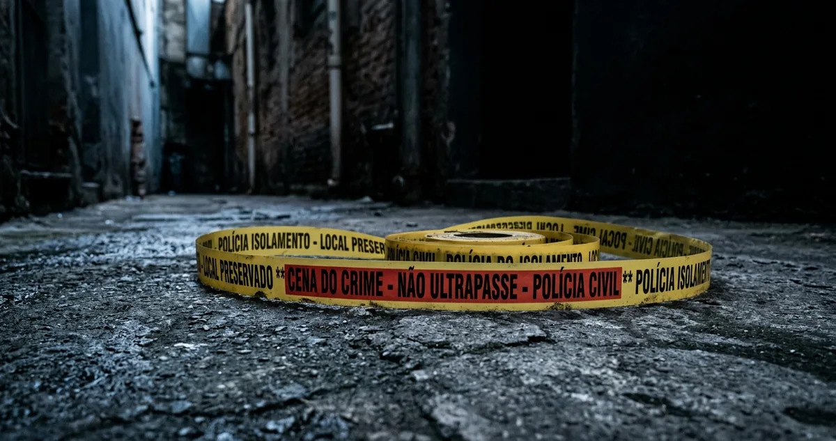 Uma fita de isolamento policial caída sobre o piso de cimento de um beco estreito, sem ninguém em volta, sob luz fria de início de manhã