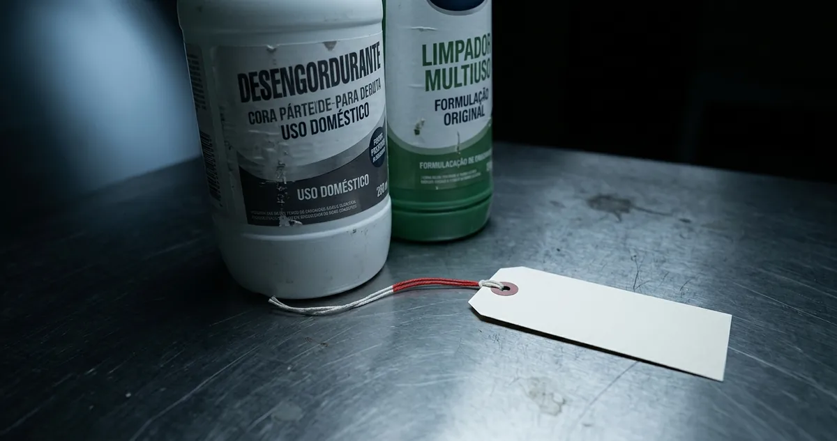 Dois frascos plásticos de produto de limpeza, sem rótulo legível, sobre a bancada de metal de um laboratório de perícia, ao lado de uma etiqueta de exame